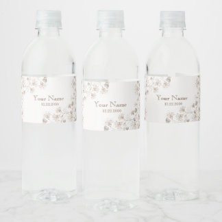 Wedding Party Tan Floral Heart Beige Elegant Water Bottle Label
