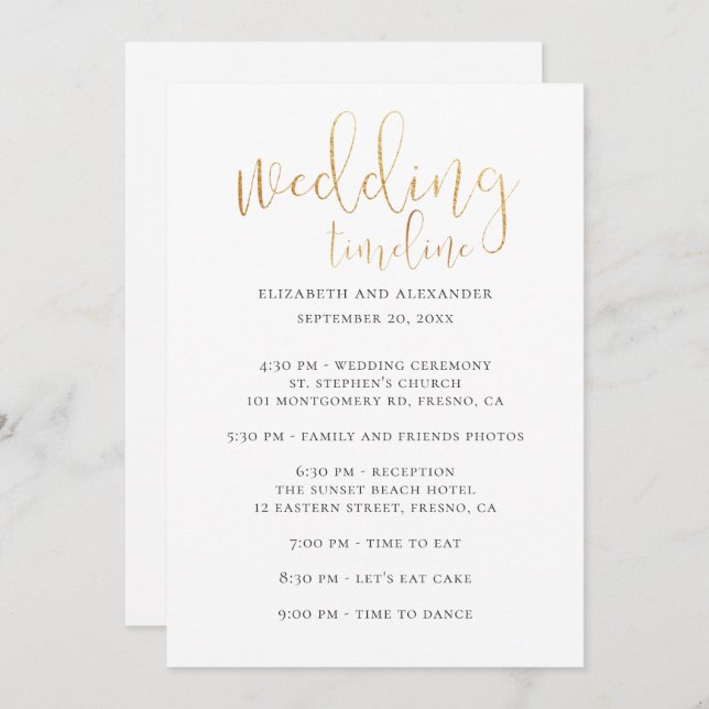 Wedding party timeline script. Simple calligraphy Invitation (Front/Back)