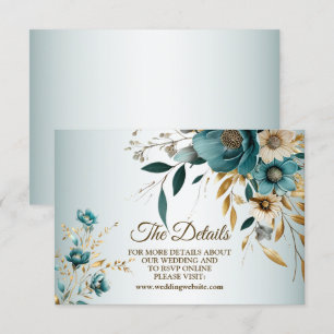 Wedding Party Turquoise White Flower Golden Leaves Enclosure Card