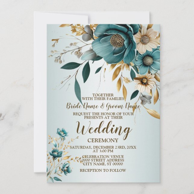 Wedding Party Turquoise White Flower Golden Leaves Invitation (Front)
