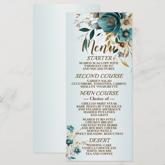 Wedding Party Turquoise White Flower Golden Leaves Menu (Front/Back)