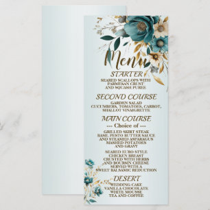 Wedding Party Turquoise White Flower Golden Leaves Menu