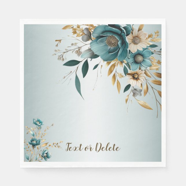 Wedding Party Turquoise White Flower Golden Leaves Napkin (Front)