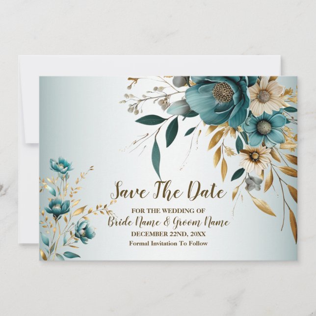 Wedding Party Turquoise White Flower Golden Leaves Save The Date (Front)