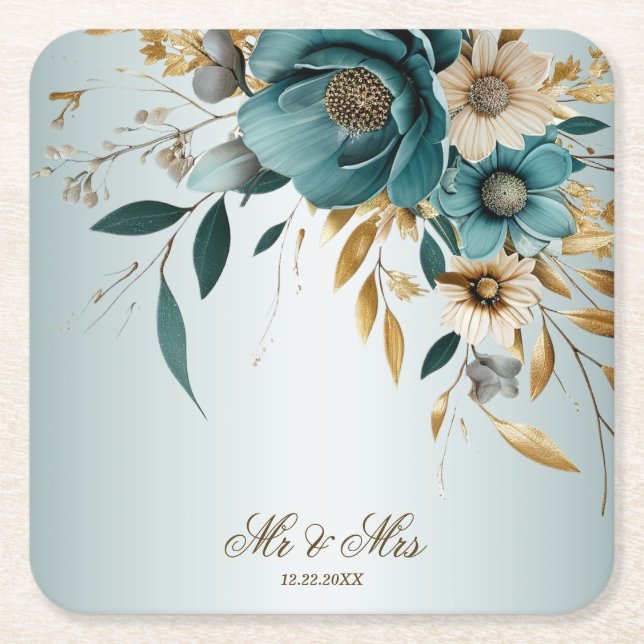 Wedding Party Turquoise White Flower Golden Leaves Square Paper Coaster (Front)