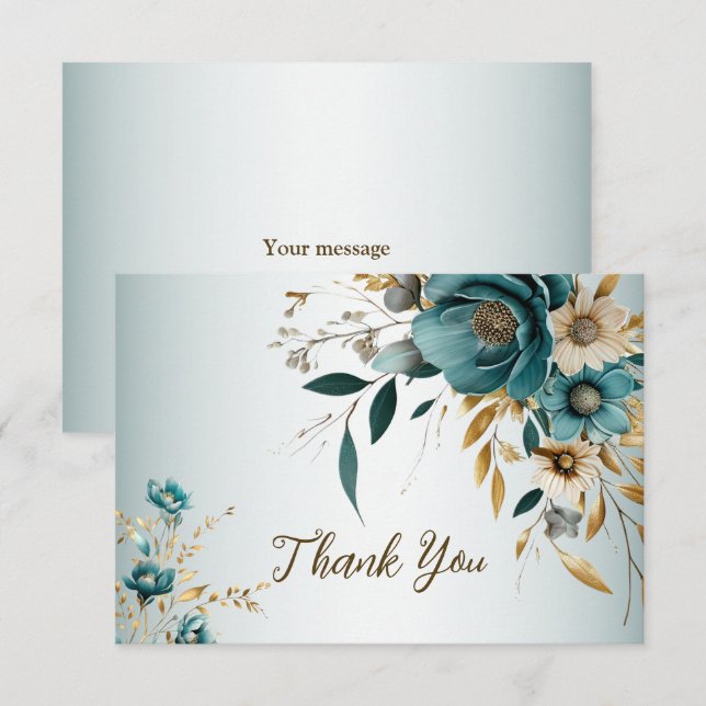 Wedding Party Turquoise White Flower Golden Leaves Thank You Card (Front/Back)