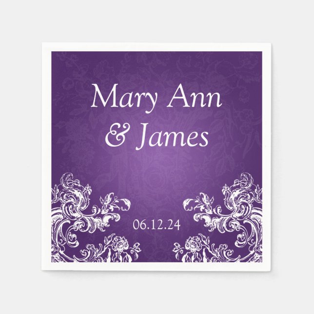 Wedding Party Vintage Swirls 2 Purple Napkin (Front)