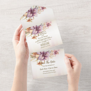 Wedding Party Watercolor Boho Pink Flowers Elegant All In One Invitation