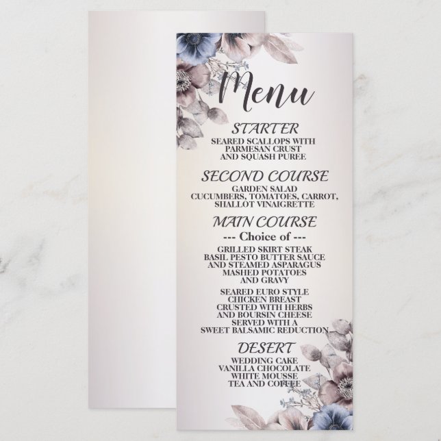 Wedding Party Watercolor Pastel Blue Beige Flowers Menu (Front/Back)