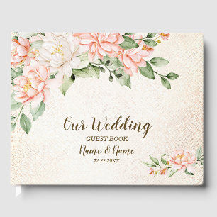 Wedding Party Watercolor Peach White Flowers Guest Book