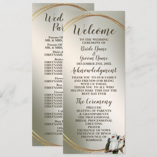 Wedding Party White Birds Cockatoo Green Leaves Programme (Front/Back)