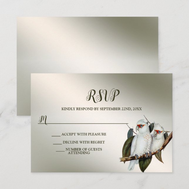 Wedding Party White Birds Cockatoo Green Leaves RSVP Card (Front/Back)
