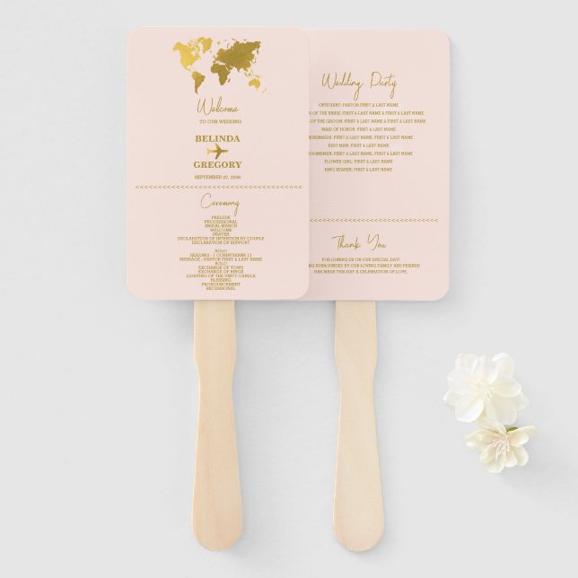 Wedding Passport Blush Pink Gold Program Hand Fan (Front and Back)