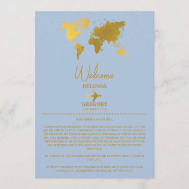 Wedding Passport Gold Dusty Blue Itinerary Programme (Front)
