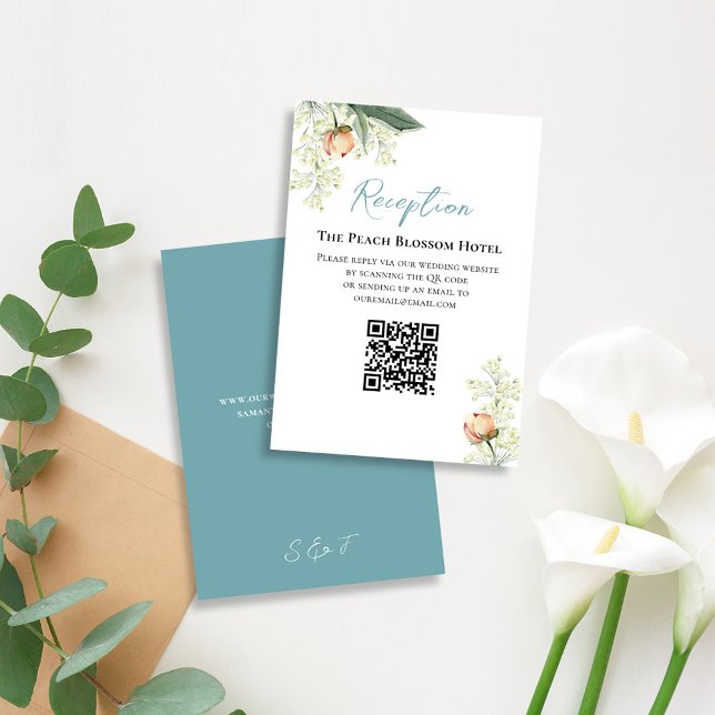 Wedding Peach Blue Reception QR Code RSVP Enclosure Card (Elegant wedding RSVP card with watercolor peach floral design.)