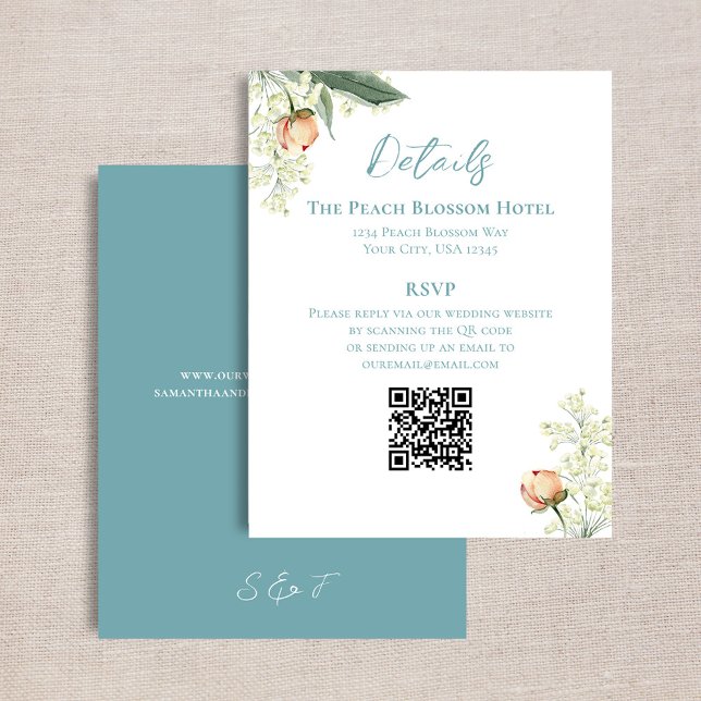 Wedding Peach Details QR Code Blue RSVP Enclosure Card (Wedding details card with a scannable QR code template.)