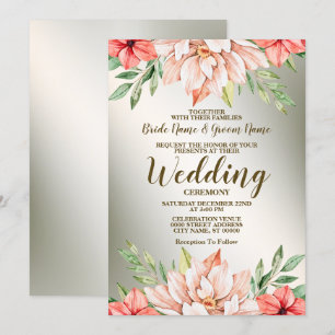 Wedding Peach Orange Floral Golden Frame Rustic Invitation