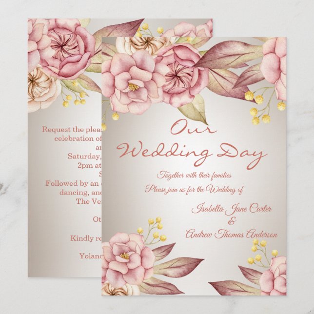 Wedding Peach Pink Floral Bouquet Blossom Invitation (Front/Back)