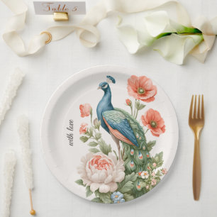Wedding Peacock Botanical Vintage Elegant Table Paper Plate