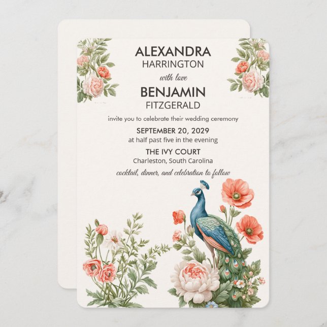 Wedding Peacock Botanical | Vintage Floral Art Invitation (Front/Back)