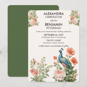 Wedding Peacock Botanical   Vintage Floral Art Invitation