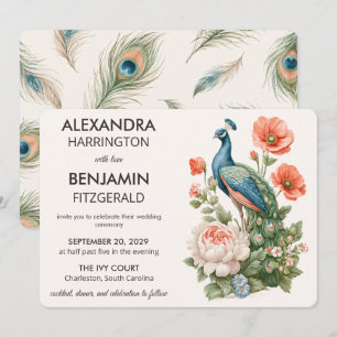 Wedding Peacock Botanical   Vintage Floral Art Invitation