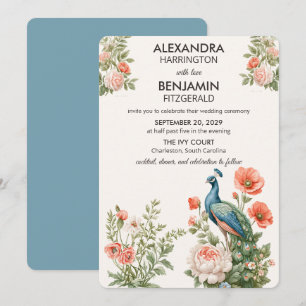 Wedding Peacock Botanical   Vintage Floral Art Invitation