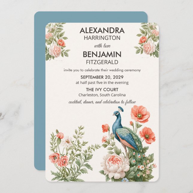Wedding Peacock Botanical | Vintage Floral Art Invitation (Front/Back)