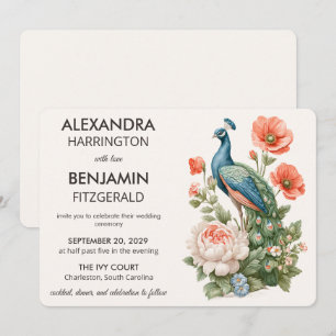 Wedding Peacock Botanical   Vintage Floral Art Invitation