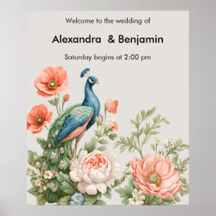 Wedding Peacock Botanical Vintage Floral Art Poster