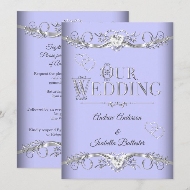 Wedding Periwinkle Blue Silver Diamond Hearts Invitation (Front/Back)