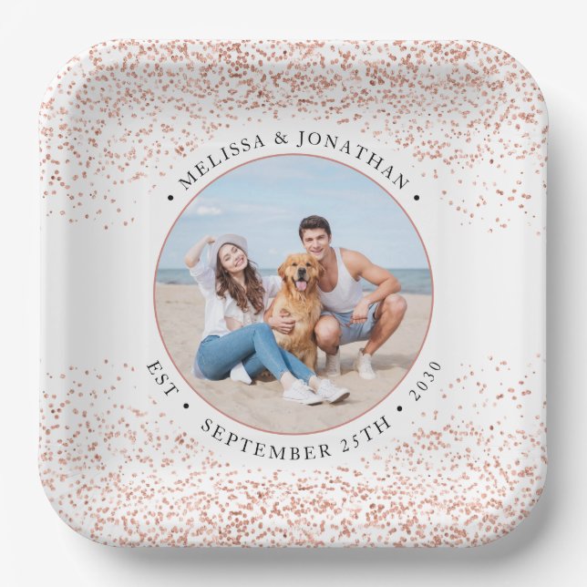 Wedding Personalise Rose Gold Glitter Photo Square Paper Plate (Front)