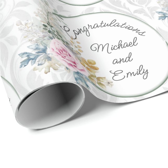 Wedding Personalise Watercolor Pink Roses Damask Wrapping Paper (Roll Corner)