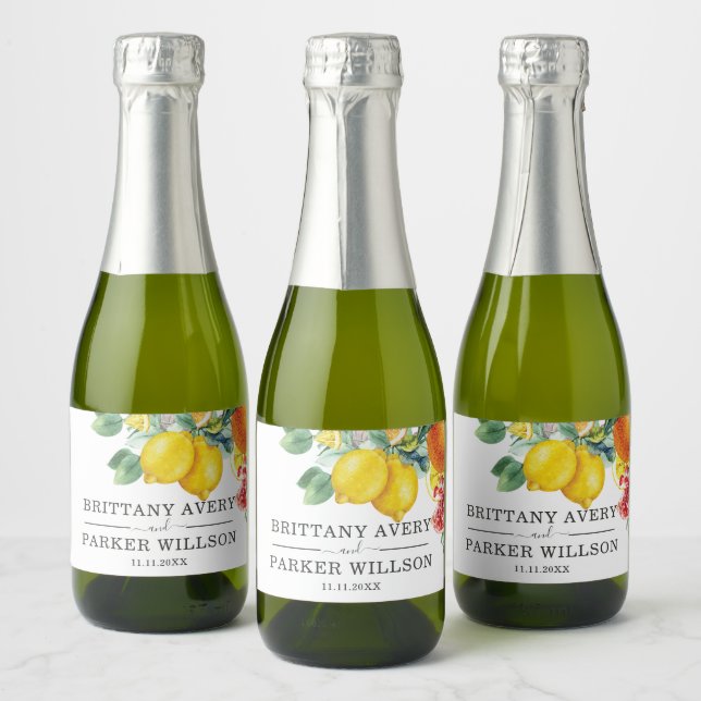 Wedding Personalised Citrus Watercolor Botanical Sparkling Wine Label (Bottles)