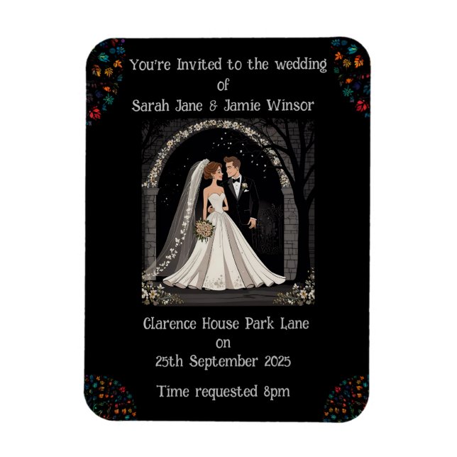 Wedding Personalised Invite Cartoon on Black  Magnet (Vertical)