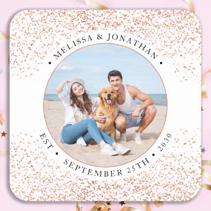 Wedding Personalised Rose Gold Glitter Photo  Square Paper Coaster