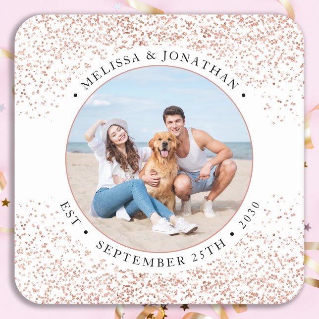 Wedding Personalised Rose Gold Glitter Photo  Square Paper Coaster (Creator Uploaded)