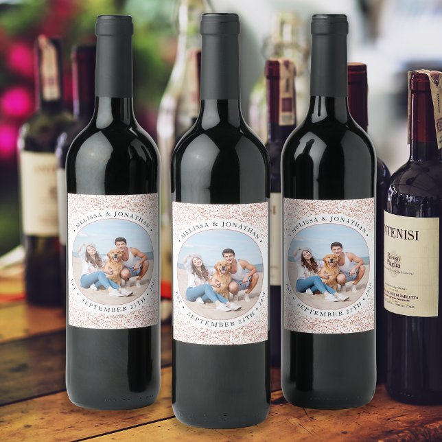 Wedding Personalised Rose Gold Glitter Photo  Wine Label (Creator Uploaded)