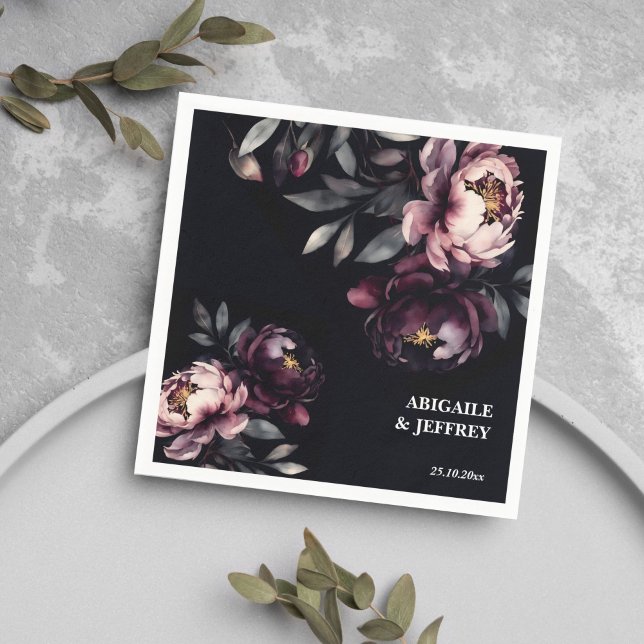 Wedding personalised tableware dark moody peonies napkin (Wedding personalized tableware dark moody burgundy peonies template napkins noir themed wedding )