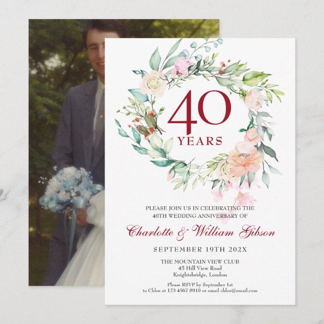 Wedding Photo 40th Ruby Anniversary Roses Garland  Invitation (Front/Back)