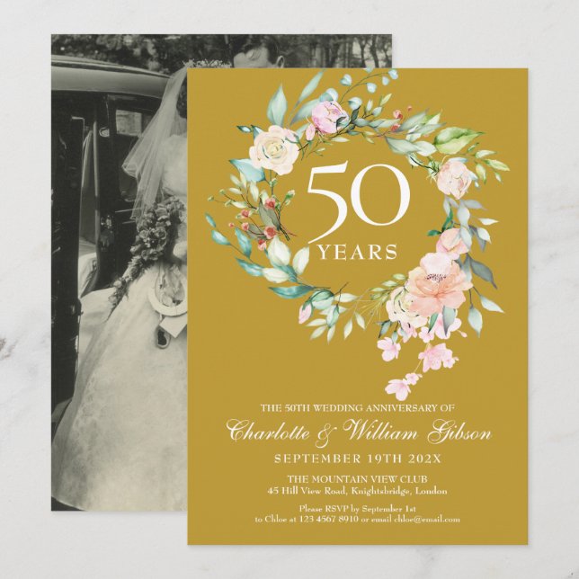 Wedding Photo 50th Golden Anniversary Floral Invitation (Front/Back)