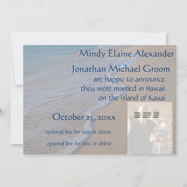 Wedding Photo Announcement Ocean on Beach (Front)