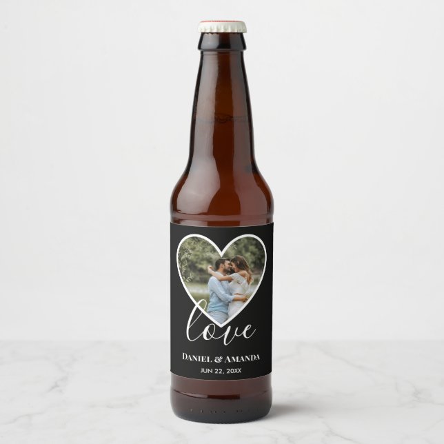 Wedding Photo Black Heart Frame Modern Calligraphy Beer Bottle Label (Front)