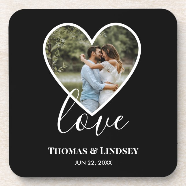 Wedding Photo Black Heart Frame Modern Calligraphy Coaster (Front)