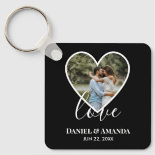 Wedding Photo Black Heart Frame Modern Calligraphy Key Ring