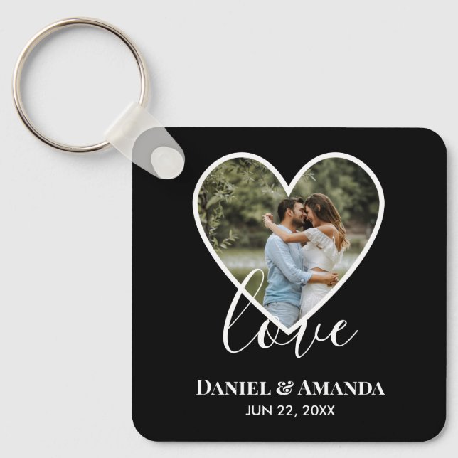 Wedding Photo Black Heart Frame Modern Calligraphy Key Ring (Front)