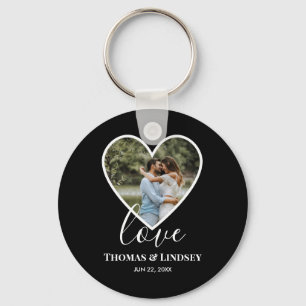 Wedding Photo Black Heart Frame Modern Calligraphy Key Ring