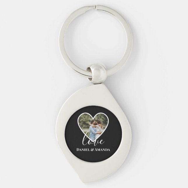 Wedding Photo Black Heart Frame Modern Calligraphy Key Ring (Front)