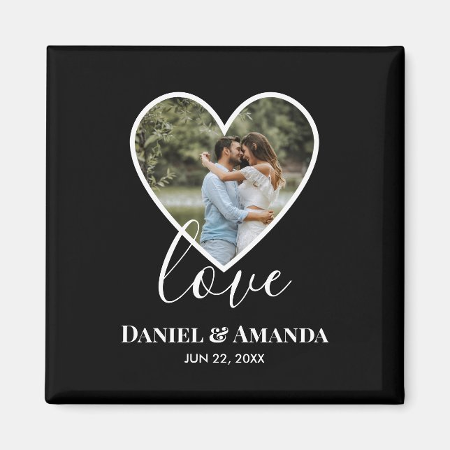 Wedding Photo Black Heart Frame Modern Calligraphy Magnet (Front)
