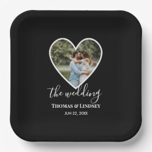 Wedding Photo Black Heart Frame Modern Calligraphy Paper Plate